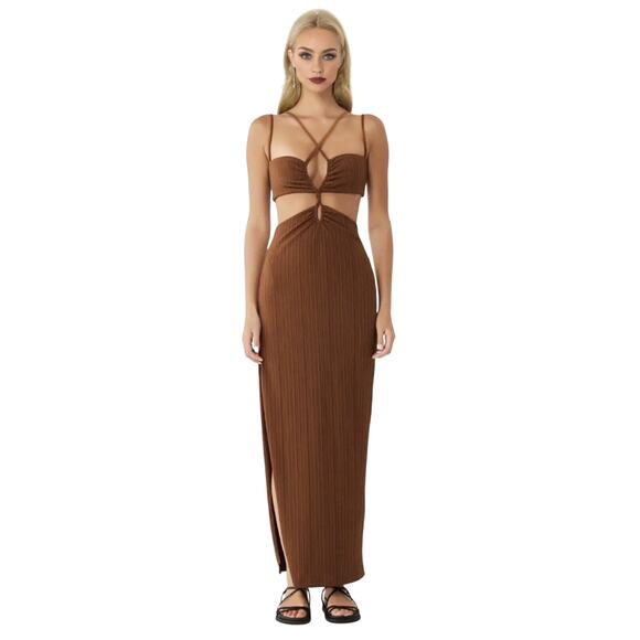 Rumer The Label Chocolate Ribbed Oasis Bandeau Style Cut Outs Lined Maxi S - Picture 1 of 16